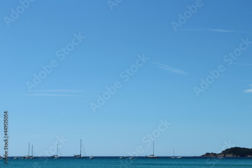 Beautiful blue sea coast with yachts, boats and the background of clear sky in June in La Ciotat in Provence-Cote-d'Azur, a popular holiday destination for vacation travellers in France.