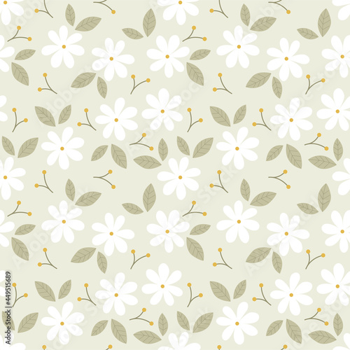 Daisy flower seamless on green background illustration. Pretty floral pattern for print
