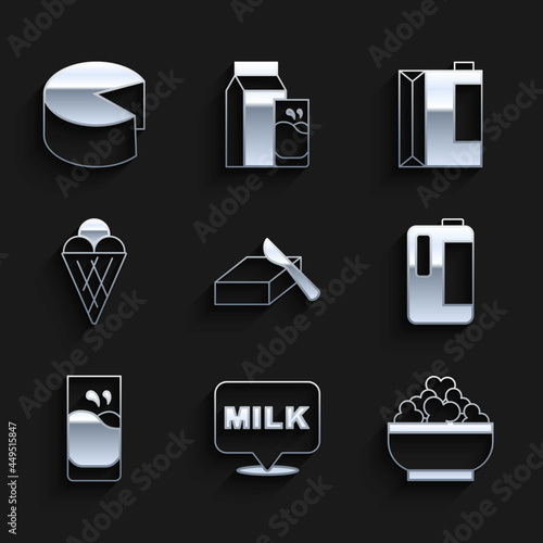Set Butter in a butter dish, Lettering milk, Cottage cheese, Milk plastic bottle, Glass with, Ice cream waffle cone, Paper package for kefir and Cheese icon. Vector