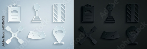 Set Broken windshield, Car tire wheel, Wheel wrench, Location with car service, Gear shifter and inspection icon. Vector