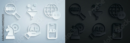 Set Advertising, Chess, Lead management and SEO optimization icon. Vector