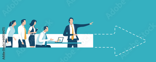 Leader. Leader points outside the marked area and reveals the direction forward. Business concept illustration. 