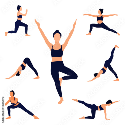 Faceless image of a girl doing yoga or fitness. Standing exercises. Vector illustration.