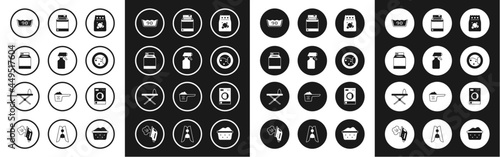 Set Laundry detergent, Water spray bottle, Washer, Temperature wash, and Iron and ironing board icon. Vector