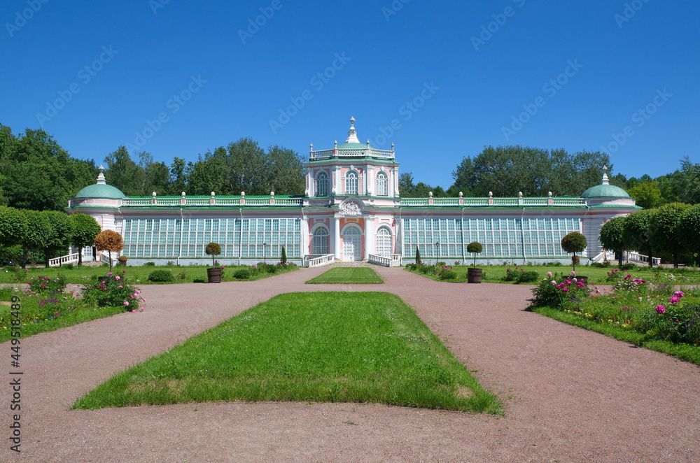 Moscow, Russia - June 17, 2021: Large stone greenhouse (1761-1763) in the Kuskovo Estate Museum on a sunny summer day