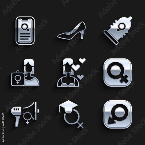 Set Love yourself, Teacher, Male gender, Female, Feminist activist, Condom and Dating app icon. Vector