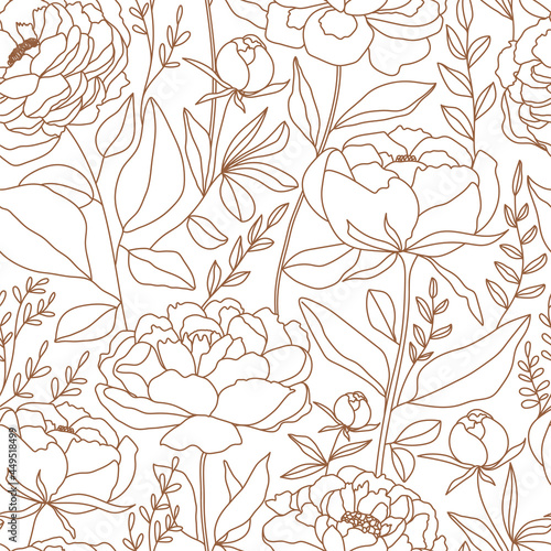 Seamless pattern of linear flowers, branch and leaves in trendy style. Simple boho texture for wrapping paper, packaging, fabric, wallpaper etc. Vector design.