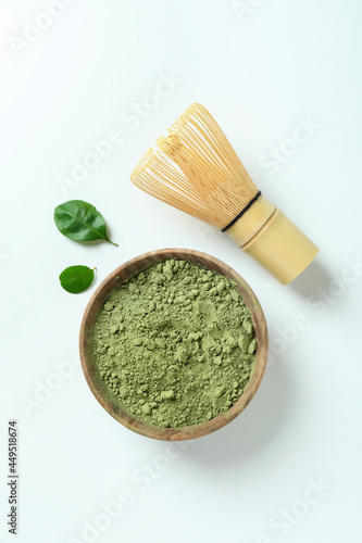 Concept of japanese tea with matcha on white background