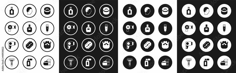 Set Gel or wax for hair styling, Aftershave, Hair dryer, Bottle of shampoo,  clipper, Hairstyle men, Mustache and beard and icon. Vector Stock Vector |  Adobe Stock