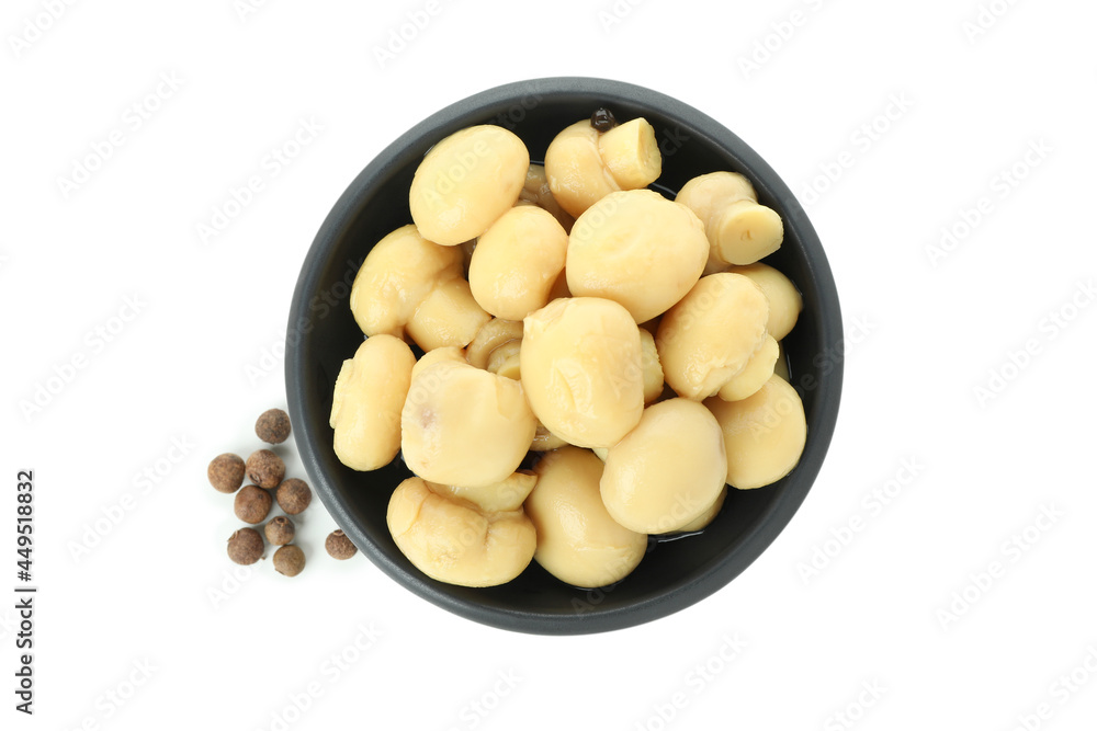 Bowl of marinated mushrooms isolated on white background Bowl of marinated mushrooms isolated on white background