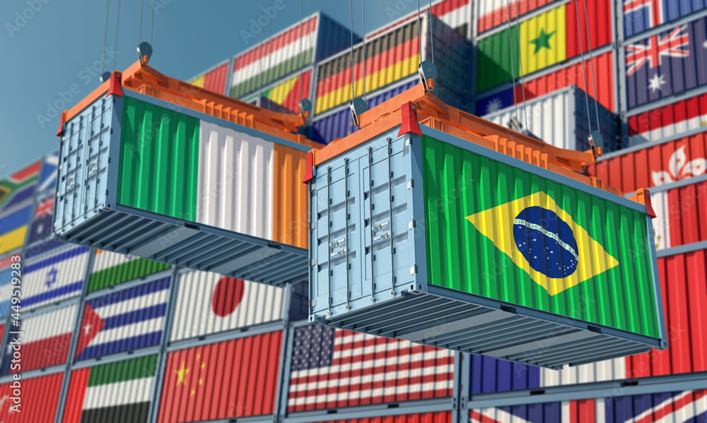 Freight containers with Brazil and Ireland flag. 3D Rendering 