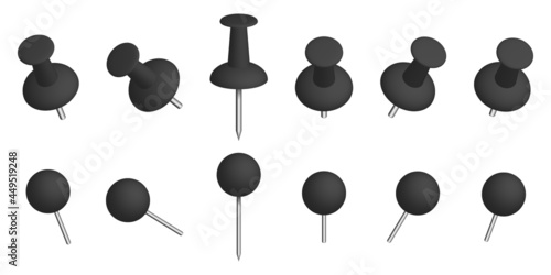 Push pins. Thumbtacks. Set of push pins in different angles.