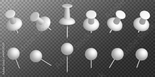 Push pins. Thumbtacks. Set of push pins in different angles.