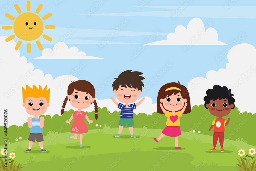 illustration of a group Happy kids boys and girls various poses at spring green grass landscape,cute cartoon style, bright colors