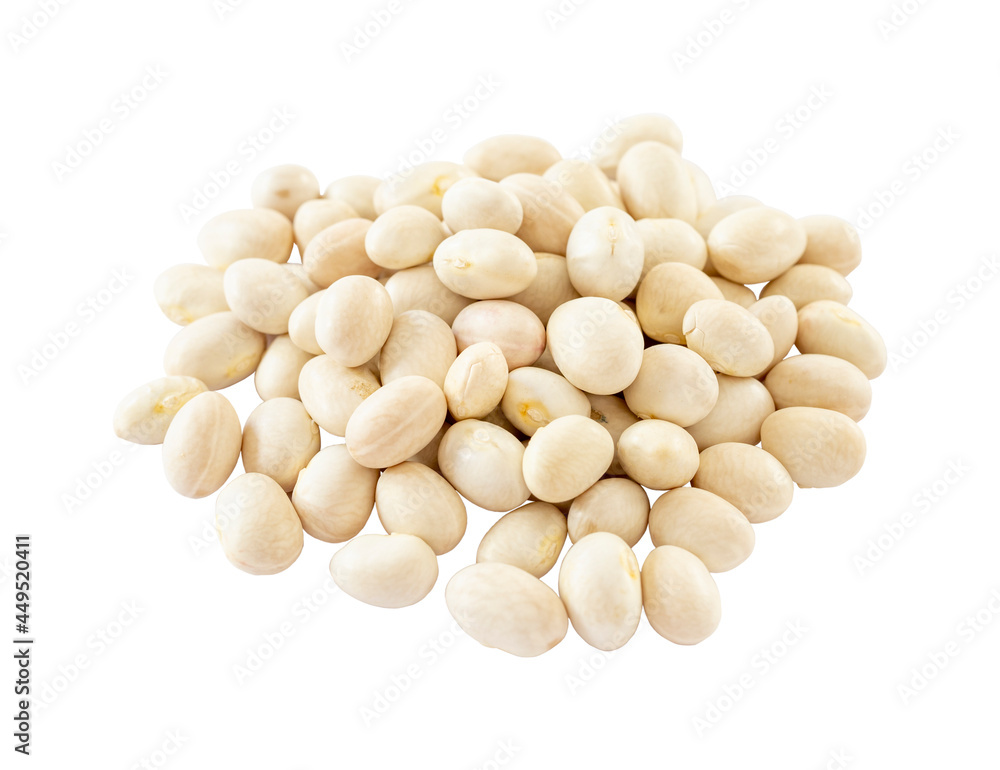 Raw Organic White Haricot bean on white background. Pile White Haricot bean isolated. Top view. Local name ispir fasulye Raw Organic White Haricot bean on white background. Pile White Haricot bean isolated. Top view. Local name ispir fasulye