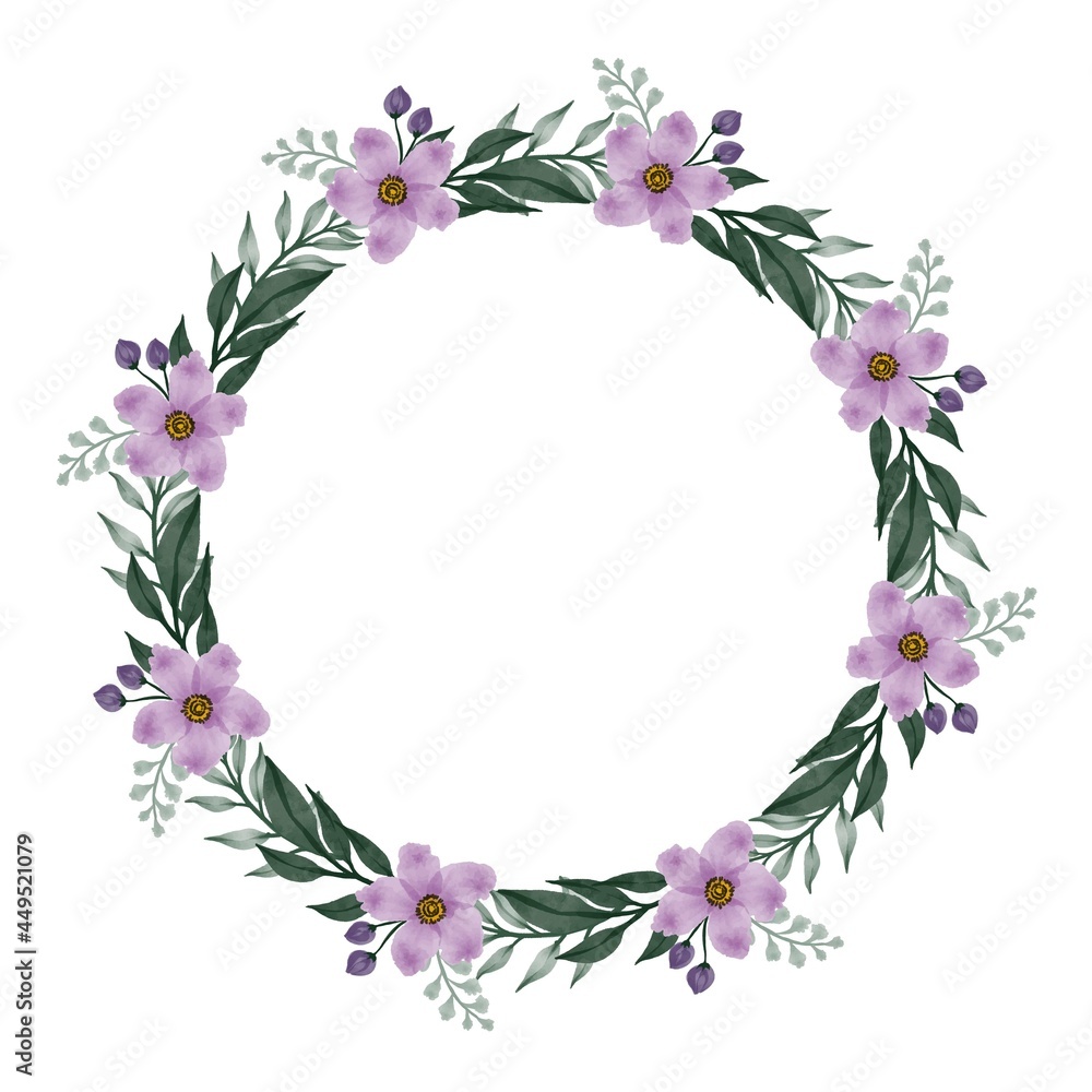 circle frame with purple flower blossom and green leaf border for greeting and wedding card