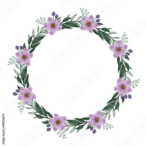 circle frame with purple flower blossom and green leaf border for greeting and wedding card