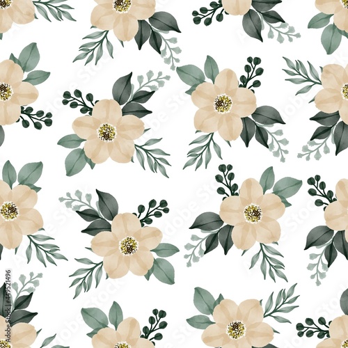 seamless pattern of white flower and green leaf for background and textile design