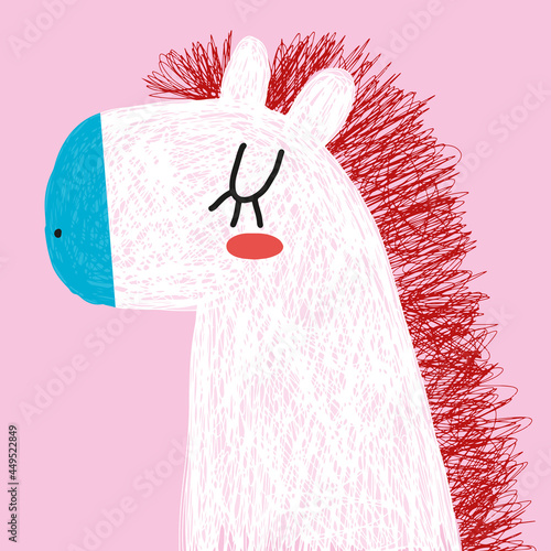 Cute Hand Drawn White Horse Vector Illustration ideal for Card, Poster, Wall Art. Lovely Nursery Art with Funny Dreamy Horse Isolated on a Pastel Pink Background. Kids Room Decoration.