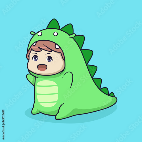 Cute chibi boy in dino costume illustration