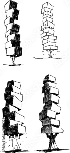 four hand drawn sketches of man holding and carrying a lots of crates or boxes above his head