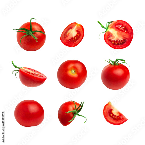Collection of red tomatoes isolated on white background. Fresh ripe Cherry tomatoes. Whole vegetables and chopped halves. Healthy vegan organic food, harvest concept. Object for design