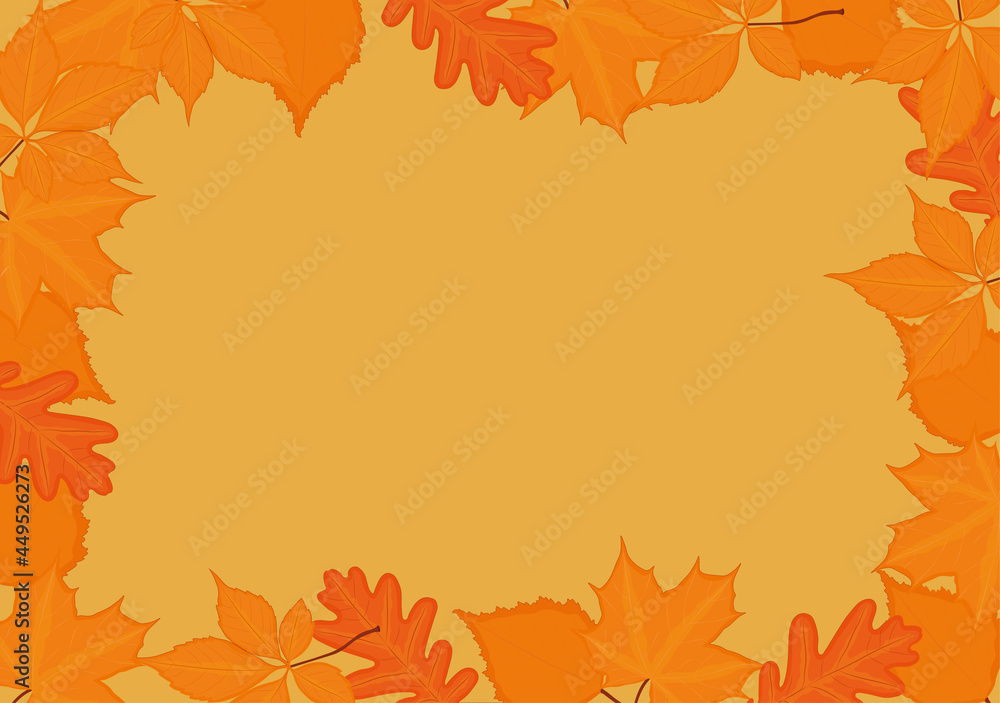 Fototapeta premium Autumn fall background frame with yellow red leaves vector illustration