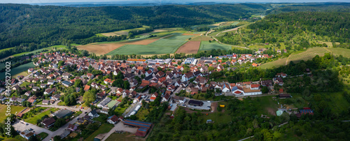 Aerial view of vineyards around the village Ochsenbach, Sachsenheim in Germany on a sunny day in summer.