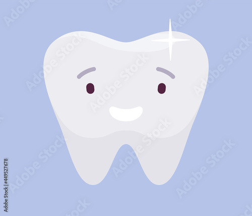 White healthy happy giant tooth, clean and strong stomatology symbol. Smiling face, result of careful toothbrushing routine, good oral care, hygiene, treat without caries, decay. Vector illustration