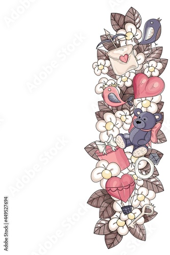 Bright floral frame. Valentine's Day elements. Valentines day greeting card. The frame is decorated. The frame is decorated on one side. All objects separate. Vector. Hand-drawn.