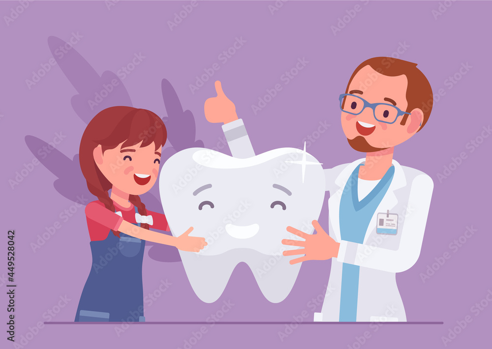Child girl, happy dentist doctor and healthy clean tooth. Male stomatologist giving little child medical examination of dental treatment, good medical consultation. Vector illustration Child girl, happy dentist doctor and healthy clean tooth. Male stomatologist giving little child medical examination of dental treatment, good medical consultation. Vector illustration