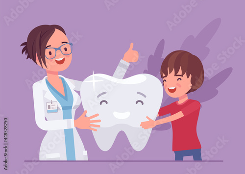 Child boy, happy dentist doctor and healthy clean tooth. Female stomatologist giving little child medical examination of dental treatment, good medical consultation. Vector illustration