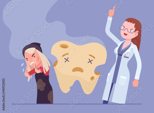 Child girl, angry dentist doctor, unhealthy rotten tooth smell. Female stomatologist scolding child for bad care at medical examination of dental treatment, medical consultation. Vector illustration