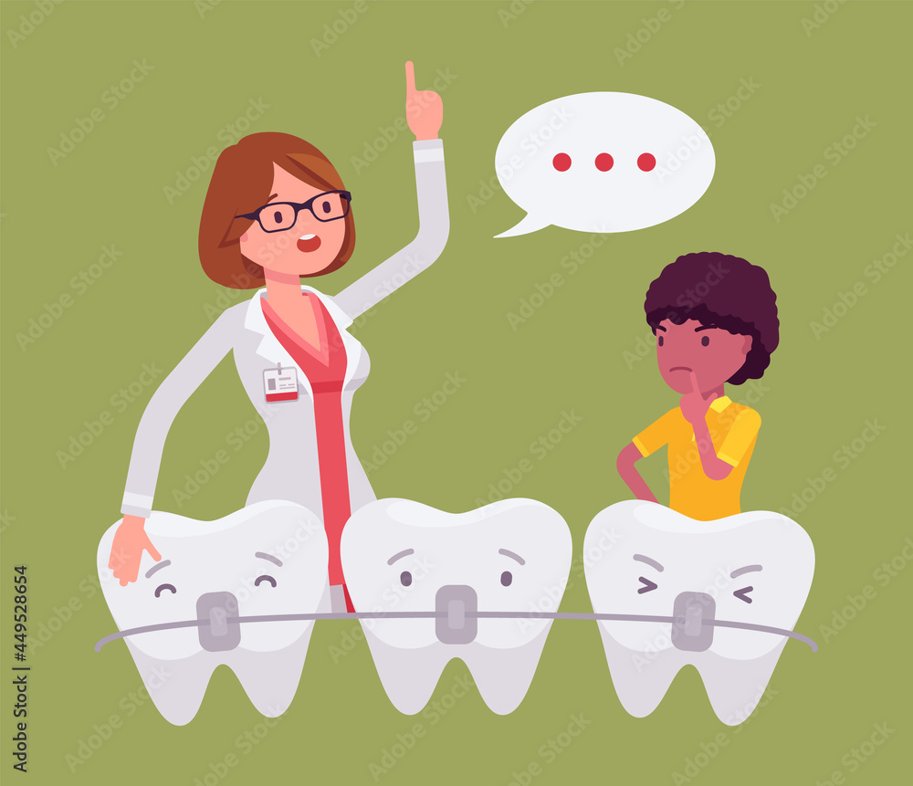 Dental metal braces, child boy and dentist doctor consultation. Female orthodontics giving
