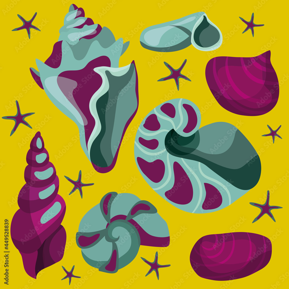 A set of beautiful shells. Moluski, a starfish. Pop art, psychedelia. Vector, abstract, hipster illustration. Underwater inhabitants, isolated ocean shells. A set of underwater fauna. Shopper. A set of beautiful shells. Moluski, a starfish. Pop art, psychedelia. Vector, abstract, hipster illustration. Underwater inhabitants, isolated ocean shells. A set of underwater fauna. Shopper.