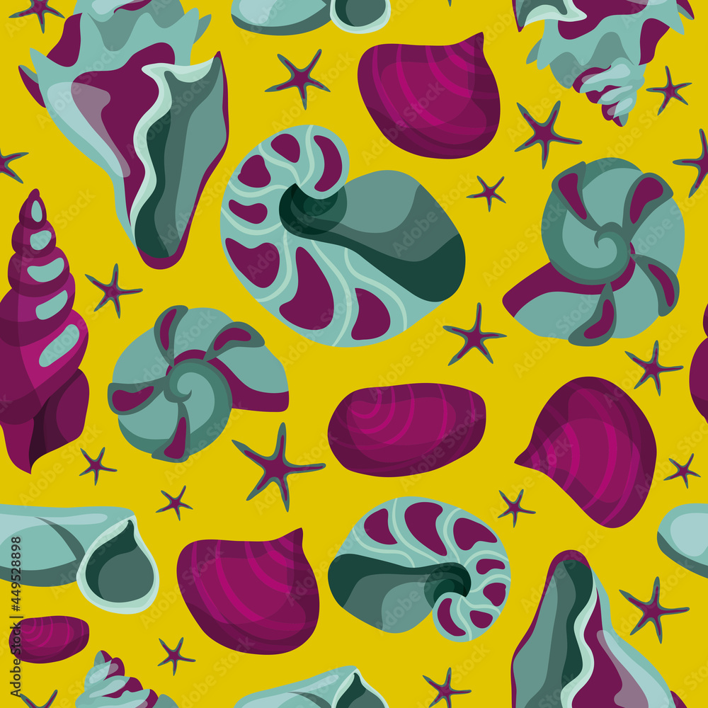 Seamless pattern of shells. Moluski, a starfish. Pop art, psychedelia. Vector, abstract, hipster illustration. Underwater inhabitants, isolated ocean shells. A set of underwater fauna. Buyer.
