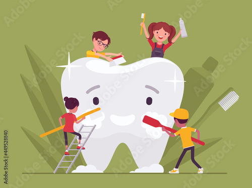 Children keep giant tooth clean by brushing, holding toothpaste, toothbrush. Little happy kids in careful toothbrushing routine, good oral care and hygiene, stomatology treat. Vector illustration