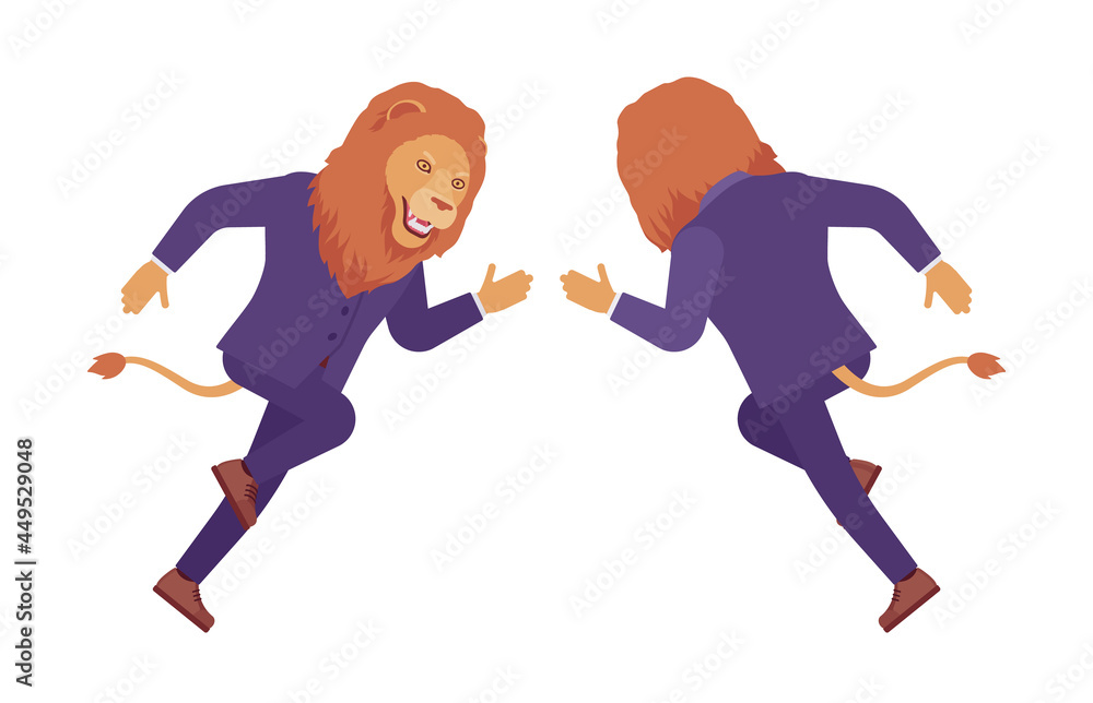 Male lion, large wild animal head, tail human running fast. Strong dangerous business person with great physical power, courage, office king. Vector flat style cartoon illustration, front, rear view Male lion, large wild animal head, tail human running fast. Strong dangerous business person with great physical power, courage, office king. Vector flat style cartoon illustration, front, rear view