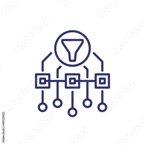 Data filtering line icon with funnel