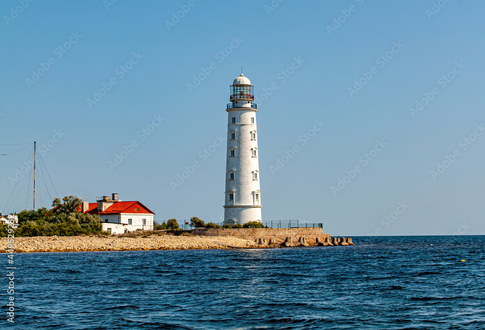 Chersonesskiy lighthouse, Cape Chersonesos,  Sevastopol, Crimea, Russia. Clear sunny day.