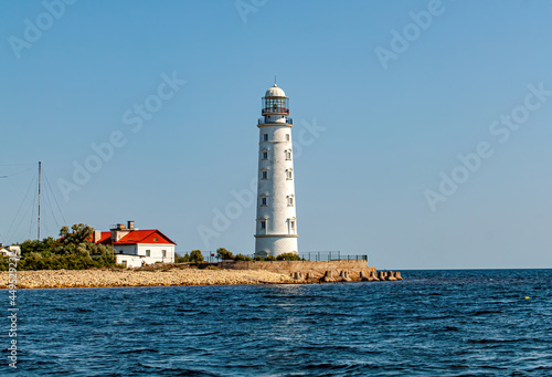 Chersonesskiy lighthouse, Cape Chersonesos,  Sevastopol, Crimea, Russia. Clear sunny day. photo