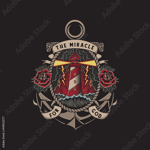 illustration of lighthouse and anchor ribbon roses with traditional tattoo style