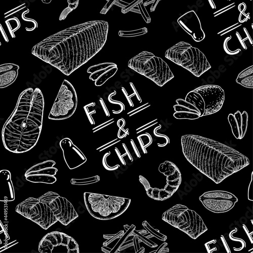 The famous British fast food is fish and chips. Fish and chips seamless pattern. English fish and chips for fast food and takeaway menu, white image on black background.