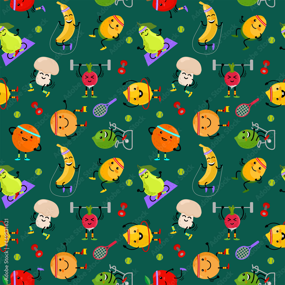 Sport fruits characters seamless pattern. Funny fruit foods on sport exercises, fitness vitaminic human healthy nutrition illustration