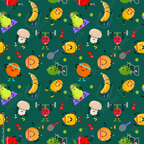 Sport fruits characters seamless pattern. Funny fruit foods on sport exercises, fitness vitaminic human healthy nutrition illustration