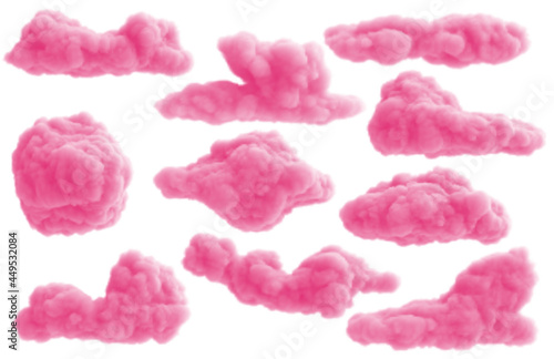 Set of realistic 3d pink fluffy clouds isolated on white background. Collection beautiful elements. Vector illustration.