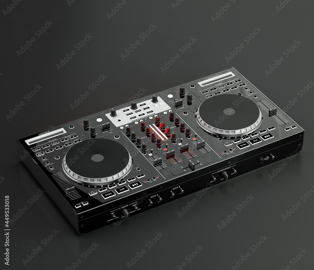 Music instriument, DJ mixer controller in a dark studio, 3d rendering Music instriument, DJ mixer controller in a dark studio, 3d rendering