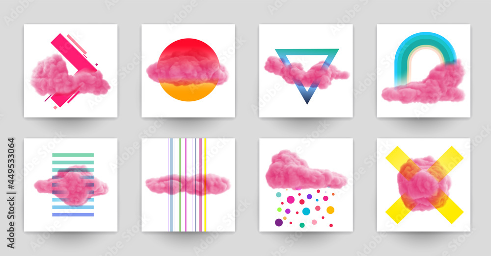 Collection abstract art background with pink cloud and colorful geometric shapes. Set of modern fashion templates for cover, poster, banner. Minimalistic trendy vector illustrations. Collection abstract art background with pink cloud and colorful geometric shapes. Set of modern fashion templates for cover, poster, banner. Minimalistic trendy vector illustrations.