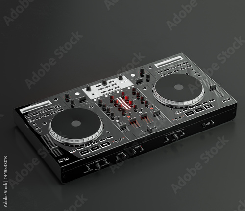 Music instriument, DJ mixer controller in a dark studio, 3d rendering
