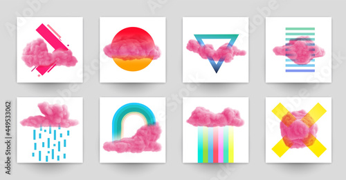 Collection abstract art background with pink cloud and colorful geometric shapes. Set of modern fashion templates for cover, poster, banner. Minimalistic trendy vector illustrations.